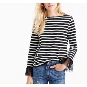 J Crew Top Womens Small Striped Knit Tulle Cuffs Black White 3/4 Sleeve Boho
